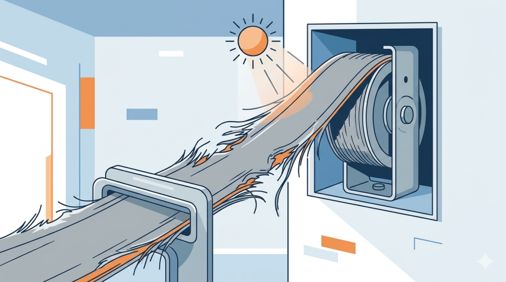 Detalle de una cinta de persiana gris muy deshilachada y a punto de romperse, mostrando el desgaste provocado por el sol en un hogar de Las Palmas.