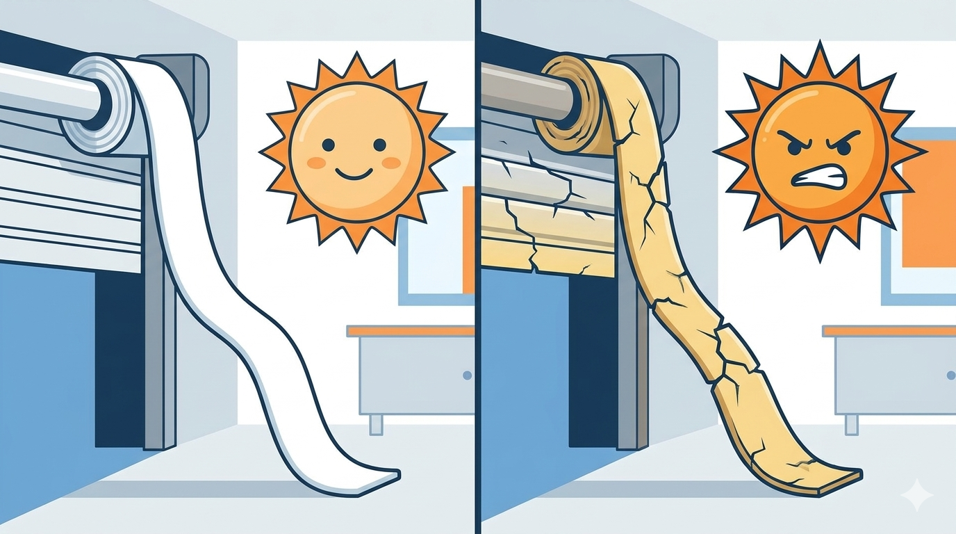 Ilustración comparativa de una cinta de persiana nueva y flexible (izquierda) contra una quemada y rígida por el sol (derecha), mostrando el efecto del clima en Gran Canaria.