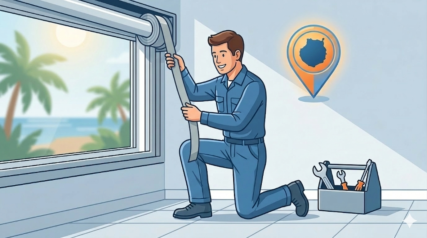 Técnico profesional de Reparación de Persianas Las Palmas instalando una cinta nueva GRIS clara en un hogar, realizando un mantenimiento preventivo.
