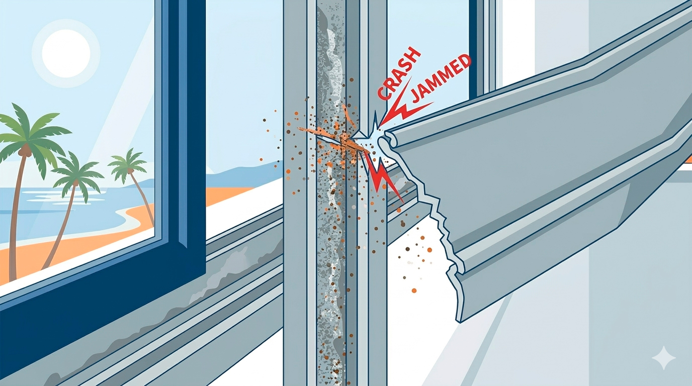 Detalle de lama de persiana de aluminio gris chocando contra la guía metálica vertical, mostrando el bloqueo instantáneo del mecanismo.