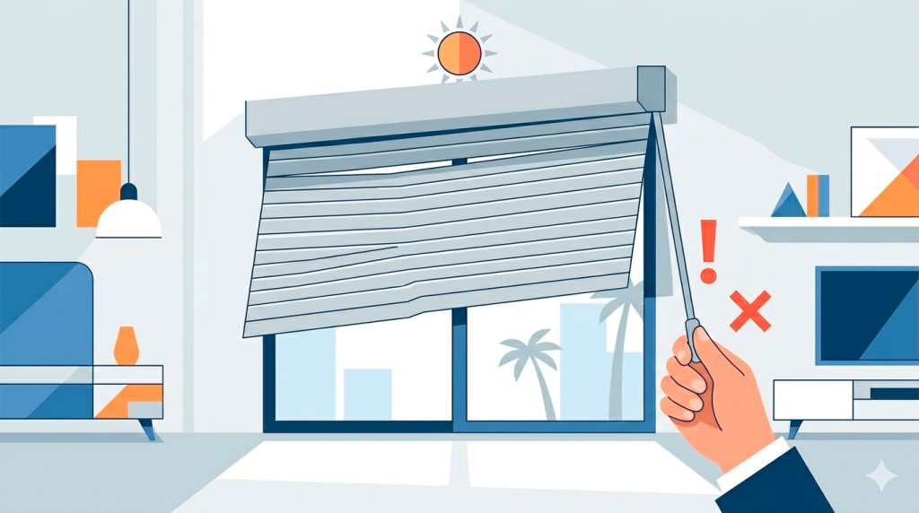 Persiana de aluminio bloqueada y torcida en una ventana moderna en Las Palmas, ejemplo de lama desplazada que requiere reparación.