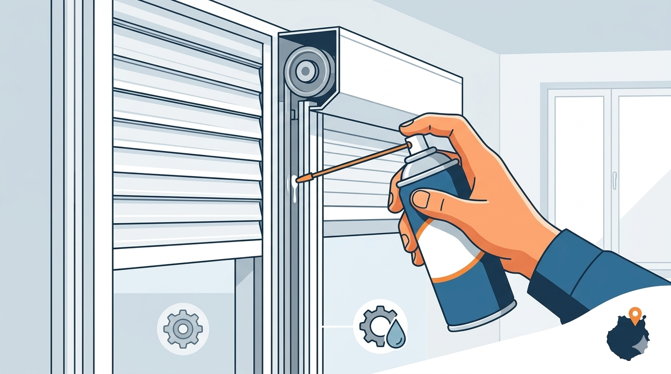 Mano de técnico aplicando spray lubricante de silicona en las guías y eje de una persiana de aluminio ruidosa en un hogar de Las Palmas.