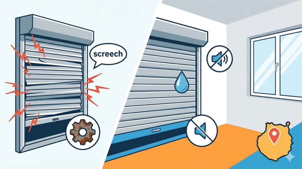 Ilustración que muestra una persiana atascada y ruidosa a la izquierda, y la misma persiana reparada y silenciosa a la derecha, gracias a la lubricación.