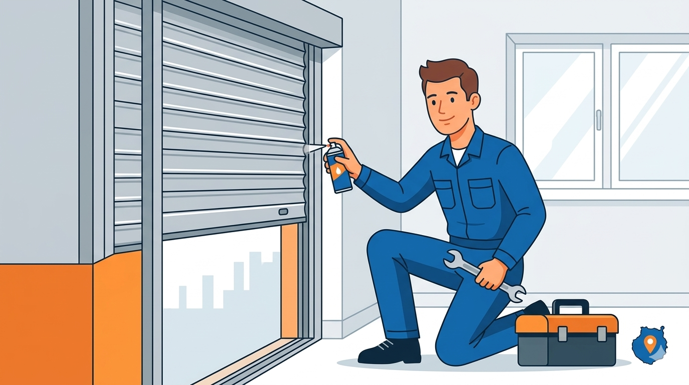 Técnico de persianas profesional en Las Palmas con uniforme azul, sonriendo y realizando el mantenimiento preventivo de una persiana de ventana.