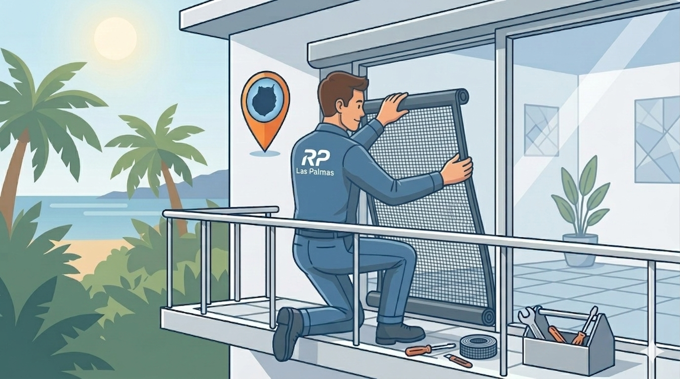 Operario de RP Las Palmas instalando una mosquitera enrollable de aluminio en un balcón con vistas a la playa.