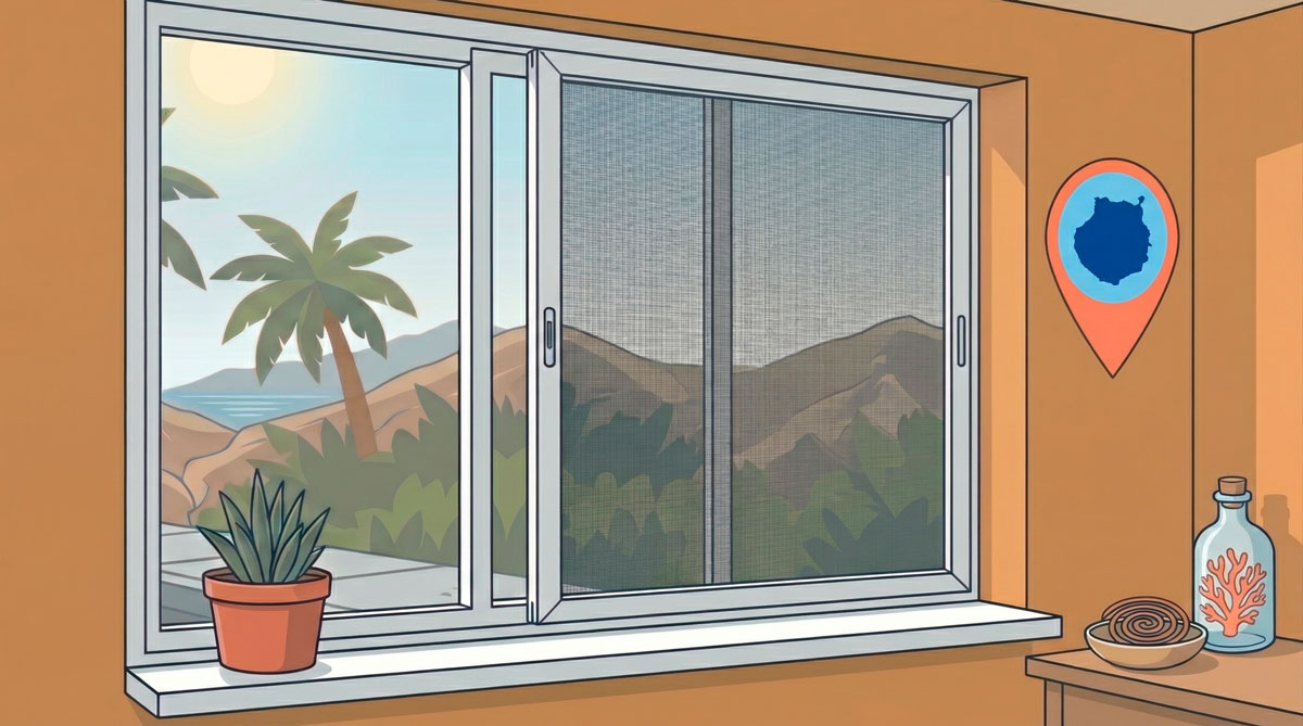 Ilustración vectorial de ventana con mosquitera corredera instalada en Gran Canaria, vista desde el interior con paisaje de palmeras y montañas, garantizando un hogar libre de insectos.
